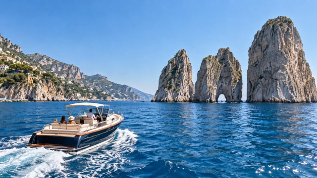 Private boat cruising past Capri's Faraglioni rocks on a clear summer day